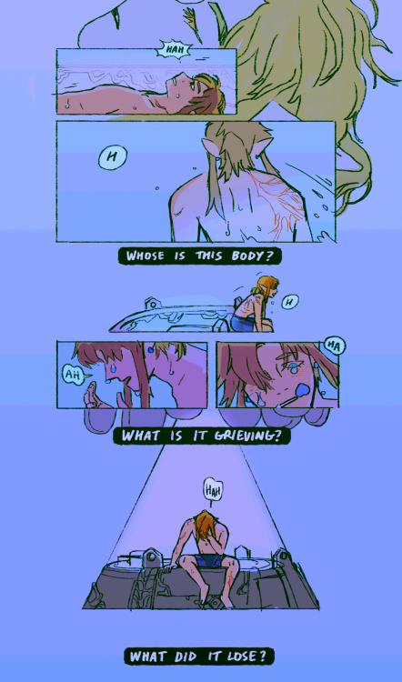 infernallegaycy:lowlighter:I lost my mind[id: a blue-toned comic featuring link. he wakes on his sla
