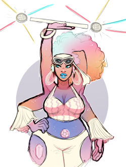 sutexii:  sketched out a fusion for Milky Quartz and Petalite = Opal Aura Quartz!!  Petal is really peppy and high energy, while Milky is a big warm mom type, so i think they’d blend really nicely into a chill n’ groovy disco queen~ 
