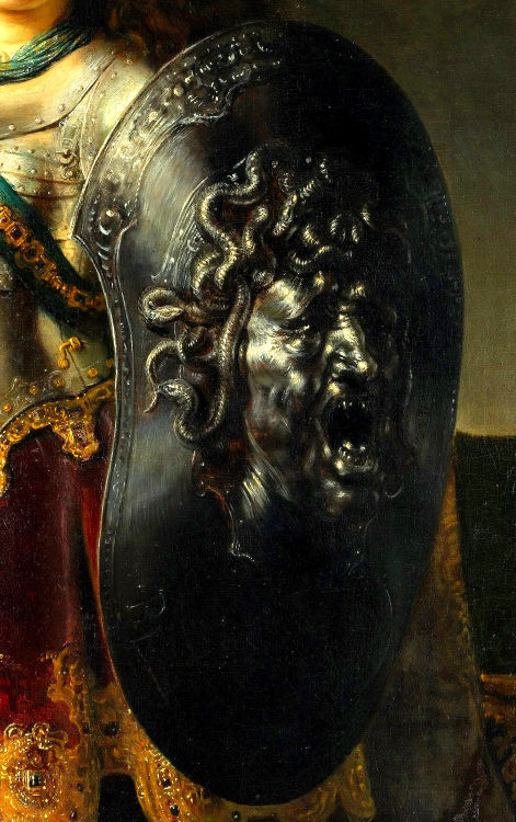 nigra-lux:REMBRANDT (1606–1669) Bellona, detail (the medusa on the shield)1633Oil on canvas, 127 x 9