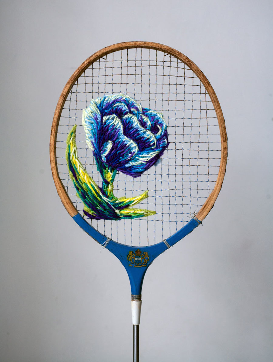 itscolossal:  Flowers Embroidered on the Strings of Vintage Rackets and Other Thread