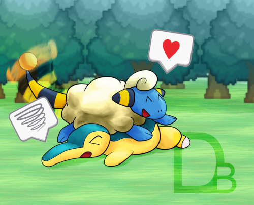 In a forest scene, a Mareep has leapt onto the back of a Cyndaquil, its tail wagging fast with an afterimage visible. A little textbox near the Mareep shows a heart... while the Cyndaquil has a swirl of frustration in theirs.