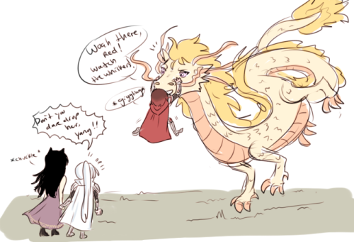 thefingerfuckingfemalefury:  dashingicecream:tinyknight!au doodles feat. sir neptune and redesigned dragon yang lololol  Be very careful with Weiss’s tiny girlfriend okay Yang…  weiss’s gf is the one she’s holding hands with lul