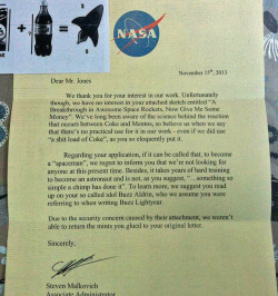 tastefullyoffensive:  NASA Rejection Letter (bigger) [@jamiedmj]Previously: Guinness Book of World Records Rejection Letter