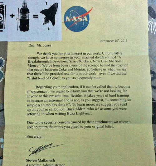 tastefullyoffensive:NASA Rejection Letter