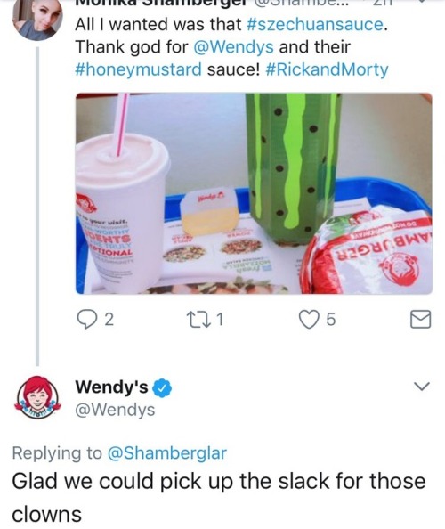 grimphantom2: coonfootproductions:  saltikitti: McDonalds basically scammed a bunch of people with their Szechuan Sauce, Wendy’s is taking full advantage of it, and I am LIVING This is extra funny to me because I too went to Wendy’s after not getting