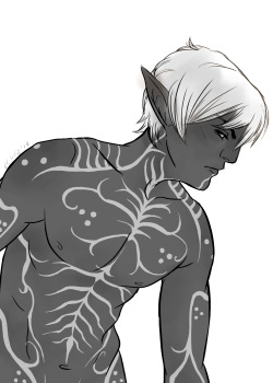 acwhiteart:  Mostly inking practice but here’s a shirtless Fenris from Dragon Age with all his lyrium tattoos. 