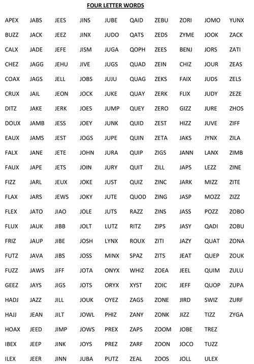 Lexulous Crossword Game Four Letter Words That Begin Or End With J Q X Or