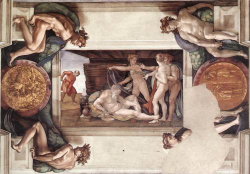 artist-michelangelo: Sistine Chapel Ceiling: Drunkenness of Noah, 1509, Michelangelo BuonarrotiMediu