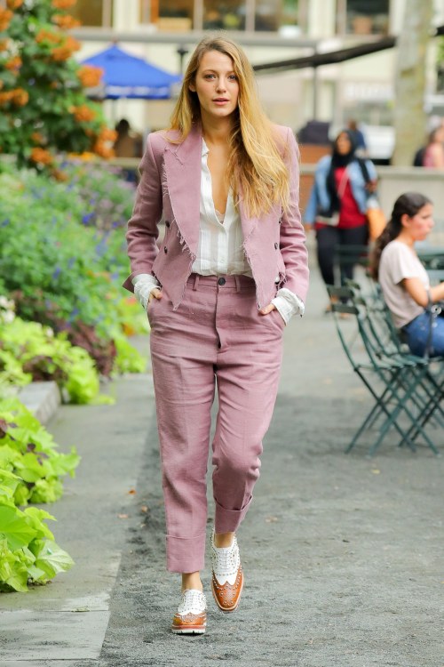 BLAKE LIVELY in a Vivienne Westwood suit, promoting A SIMPLE FAVOR