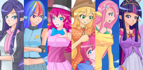I’ve realized over the course of season 4, I’ve had the opportunity to redraw and reimagine the mane 6 as humans. The top picture is my original from October 2011 when I started watching MLP. About 3 years later, and I’m doing a series