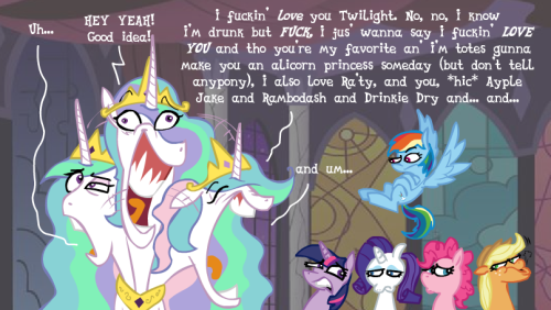 ax-brutaloo:  Dedicated to Drunk Celestia, just because! (Also Flutterschiavo!) The background that first appears in the first panel is from the TV show. The background that appears in the last panel is from Back to the Future. ;)  jesus crispix this