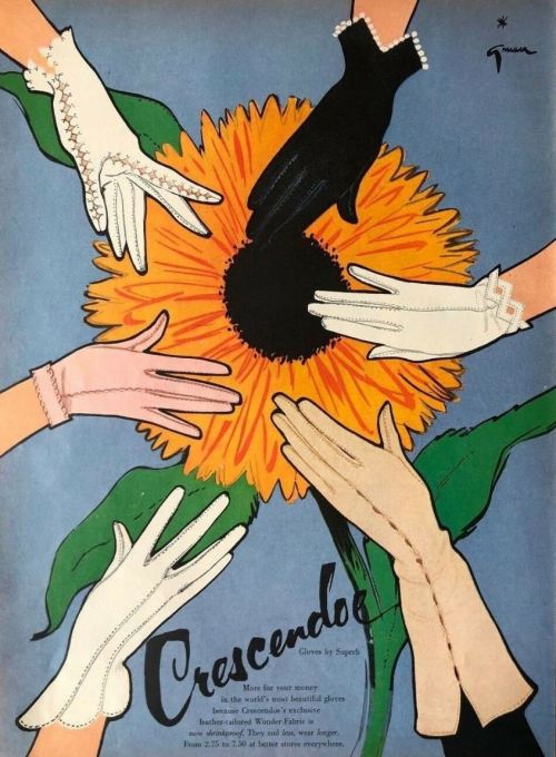 vintagepromotions: Advertisement for Crescendoe gloves (1953). Artwork by René Gruau.