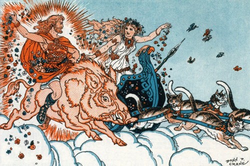 Frey On His Golden Boar And Freya In Her Chariot Drawn By Cats. By Donn P. Crane (Early 20th Century)