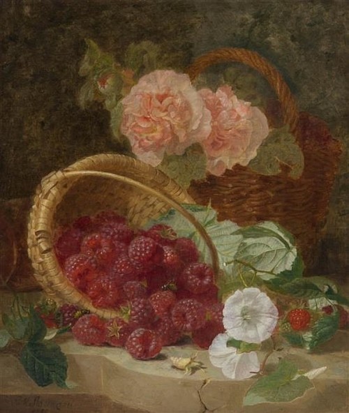 Eloise Harriet Stannard (1829 - 1914)Raspberries and Pink Peonies in Baskets, 1888