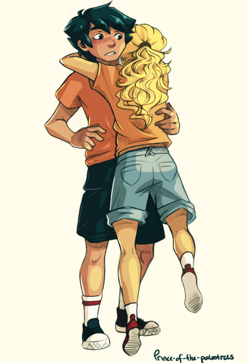 prince-of-the-palmtrees:a drawing of percy and annabeths hug after they escaped from C.C in “the sea