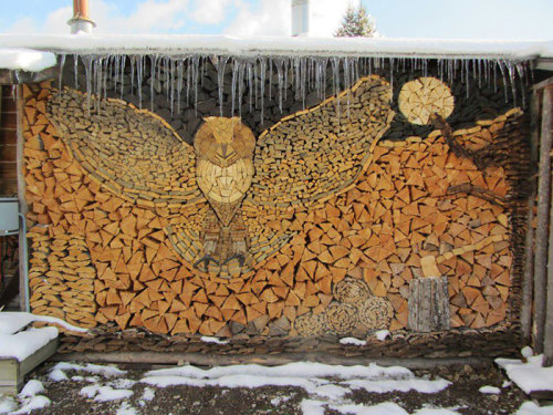 archiemcphee: The beautiful woodpile mosaic owls are the work of Gary Tallman, an 82-year-old Montan