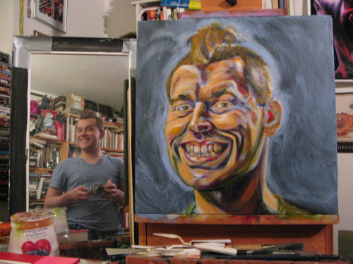 Process pics of self-portrait, 18"x18", acrylic on canvas