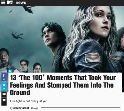 aaronginsburg:  YOU ARE WELCOME! #Feels Stacey Grant posted this hilarious list of tragedies from Season 2 of The 100. I don’t mean to chuckle at her pain, but I just love knowing our little show truly affects people this deeply. Hard to believe, but
