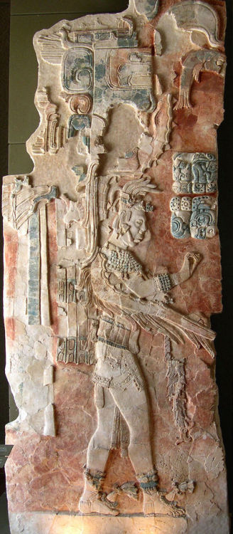 A painted stucco relief in the museum at Palenque, a Maya ruin in Chiapas, Mexico, from one of the r