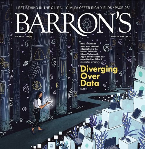 Cover and interior for this week’s Barron’s Magazine, on the tech divide embodied by Facebook and Ap