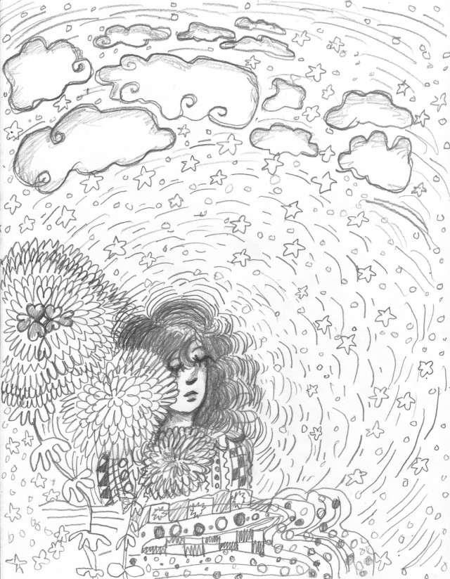 a collection of pencil doodles that takes up the entire page, there are pencil marks that makes a circular pattern around the edges and closer to the inside of the page, with stars all around and clouds in the upper area, giving it a cosmic feel. There is a girl with her eyes closed partly obscured by a large squiggly flower. 