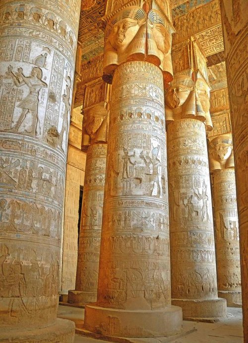 egypt-museum:Dendera Temple Complex The outer Hypostyle Hall in the Temple of Hathor at Dendera. It 