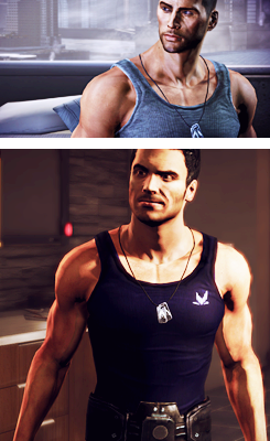 firemadeflesh:  Tank Top for Male Shepard & Aidan Alenko ModsTank top/combat pants outfit for Male Shepard, with bonus replacement for Kaidan’s Citadel DLC “date” (and briefly in the intro). Because…reasons. Replaces the intro outfit for Shepard