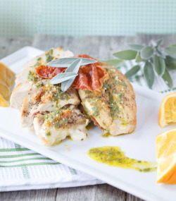 do-not-touch-my-food:  Sage and Prosciutto Stuffed Chicken with Orange-Sage Vinaigrette