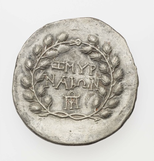 didoofcarthage:Silver tetradrachm of Smyrna with head of Cybele in turreted mural crown (obverse) an