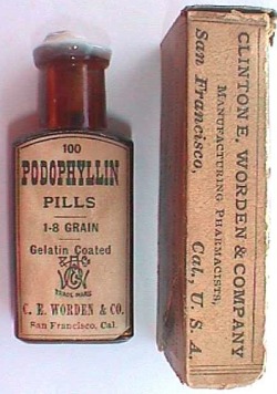 Podophyllin Pills by Clinton Worden &amp; co. S.F. California, 1800s - Antique Amber Pharmacy bottle. Podophyllin was used to treat genital warts.