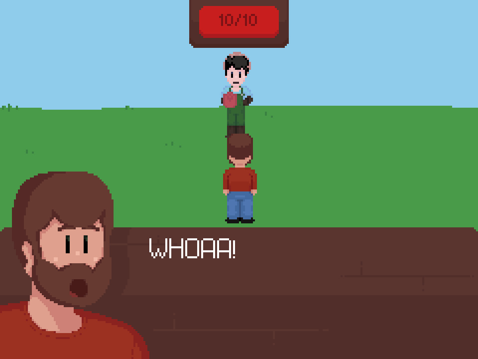A screenshot from Traversal. Player is standing before Joshua shouting WHOAA!