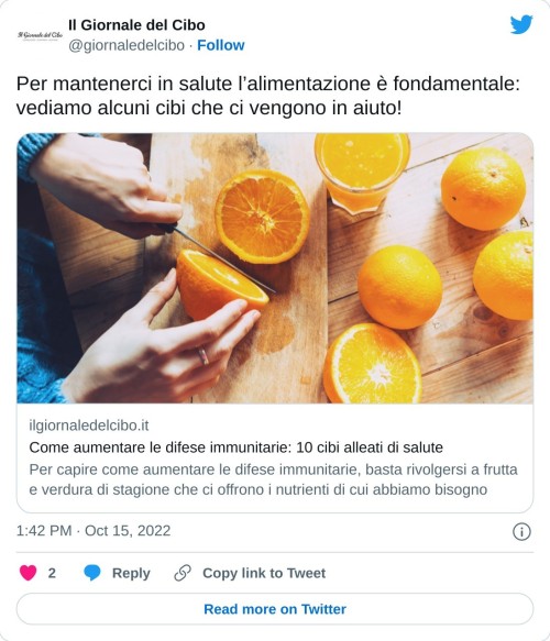 Per mantenerci in salute l’alimentazione è fondamentale: vediamo alcuni cibi che ci vengono in aiuto!https://t.co/mYFQdmiL18  — Il Giornale del Cibo (@giornaledelcibo) October 15, 2022