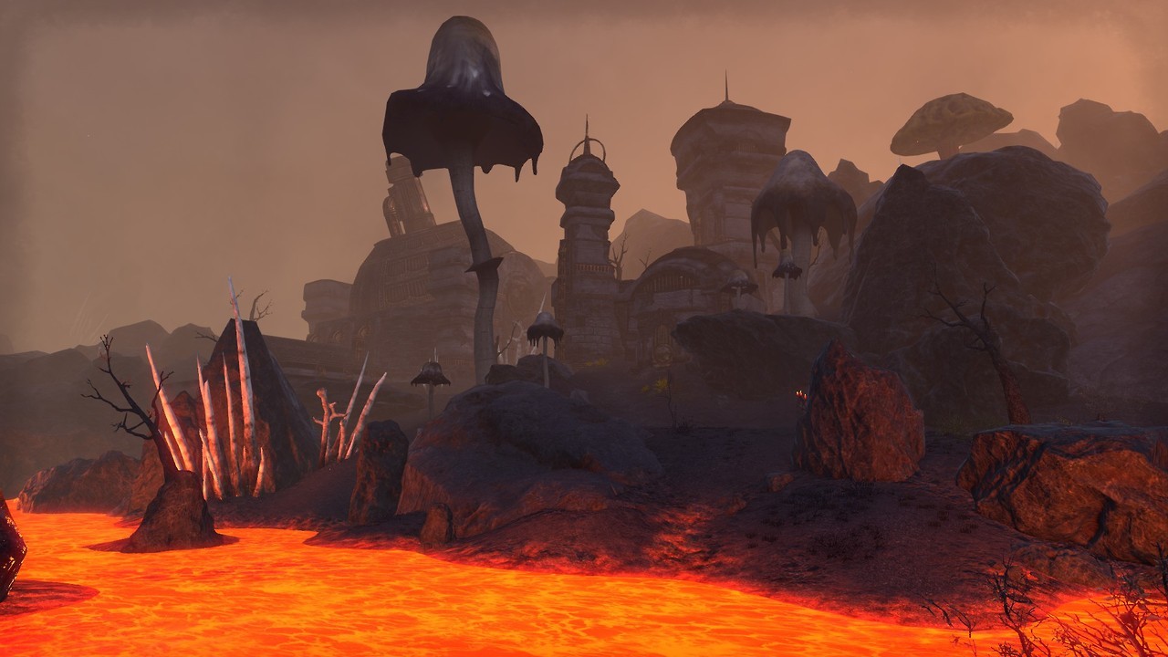 playingforpix:  Jutting rocks, lava lakes, and dwemer ruins on the road to the Red