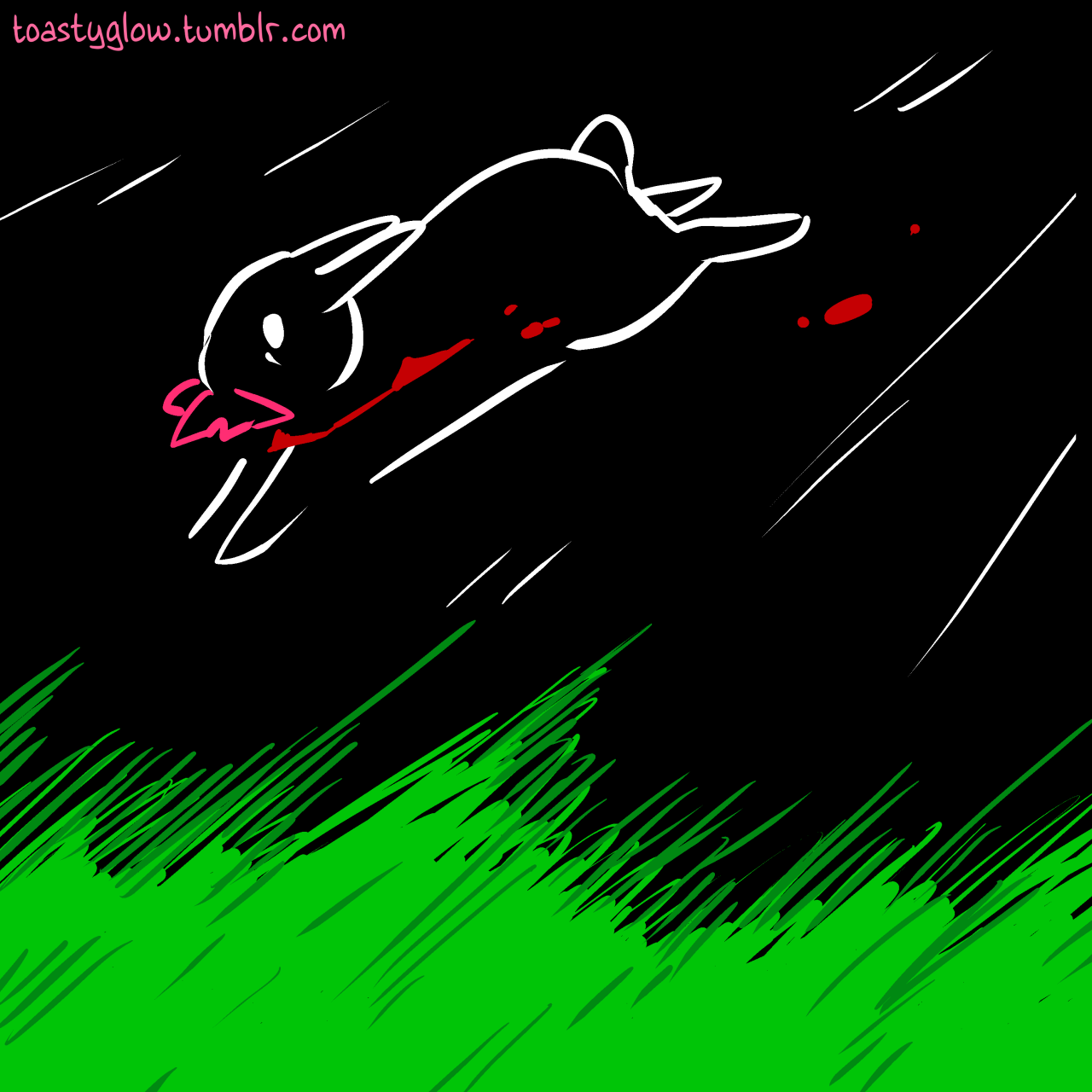 The smaller rabbit runs in fear to a green place, still bleeding, carrying the pieces of its heart in its mouth.