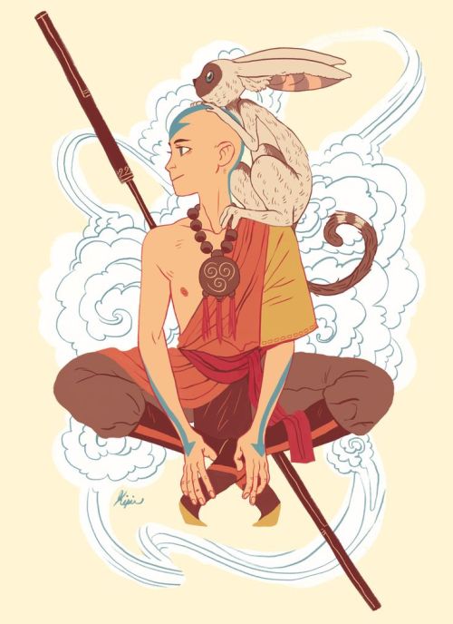 transtenzin:[ID: a digital drawing of Aang from Avatar: the Last Airbender. He sits cross-legged, lo