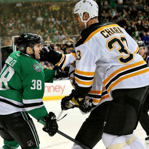 Captain Zdeno Chara sticks up for a teammate in #NHLBruins 4-2 win over Dallas.