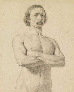 Ford Madox Brown (English, 1821-1893), Academic nude study, half-length with moustache and arms folded, 1846-49. Black chalk on paper. Birmingham Museum and Art Gallery.