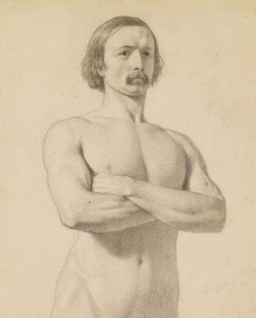 Ford Madox Brown (English, 1821-1893), Academic nude study, half-length with moustache and arms folded, 1846-49. Black chalk on paper. Birmingham Museum and Art Gallery.