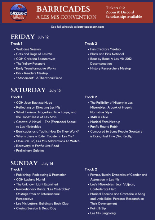 black and white image version of the schedule for Barricades 2024. The schedule is available in text below the image.
