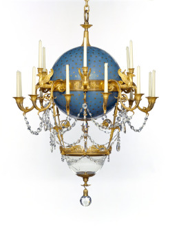 thegetty:  Believe it or not this French hot air balloon inspired chandelier once housed a goldfish in the bottom glass bowl. Yes, a live goldfish. Around this globe, the twelve signs of the zodiac are marked along the bronze band, meant to dazzle as