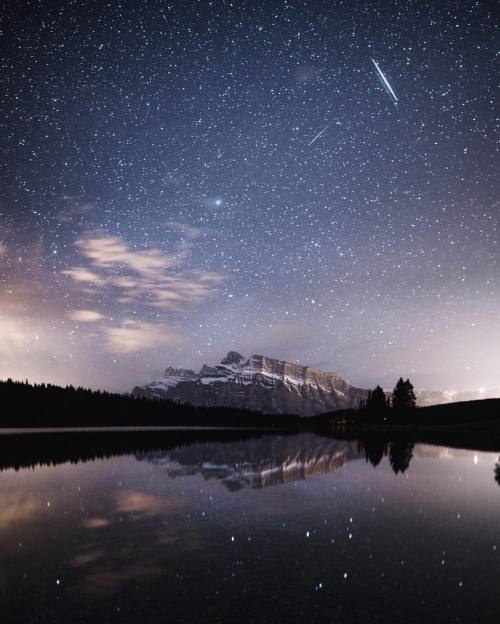 tannerwendell: shooting star over mt rundle. two jack lake. banff. alberta. (at Two Jack Lake)