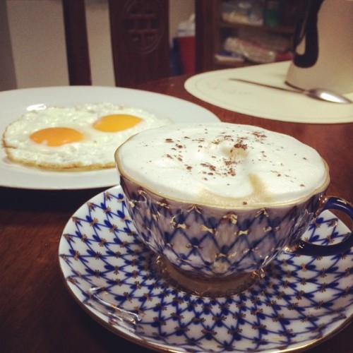 Good Morning! Having my #almondmilk #cappuccino for breakfast with two #organic #freerange #eggs coo