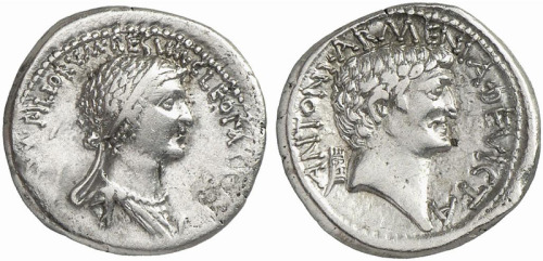 last-of-the-romans:Silver denarius of Cleopatra &amp; Mark Antony | 32 BCClassical Numismatic Gr