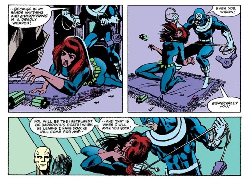 Just as the dazed Black Widow was about to grab her wrist shooters, Bullseye chokes her with wire fr