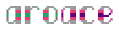 [image description: three pixel art text banners of the word &ldquo;aroace&rdquo; in a block