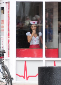 Love the uniforms at Heart Attack Grill.