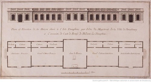 vivelareine:
“ The plan for the structure built for the ‘remise’ or handover ceremony of Marie Antoinette. The structure was designed with two equal Austrian and French rooms on either side of the salon de remise.
[credit: Bibliothèque nationale et...