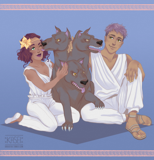 Persephone, Hades and their multi-headed dog Cerberus, characters from my short comic series It&rsqu
