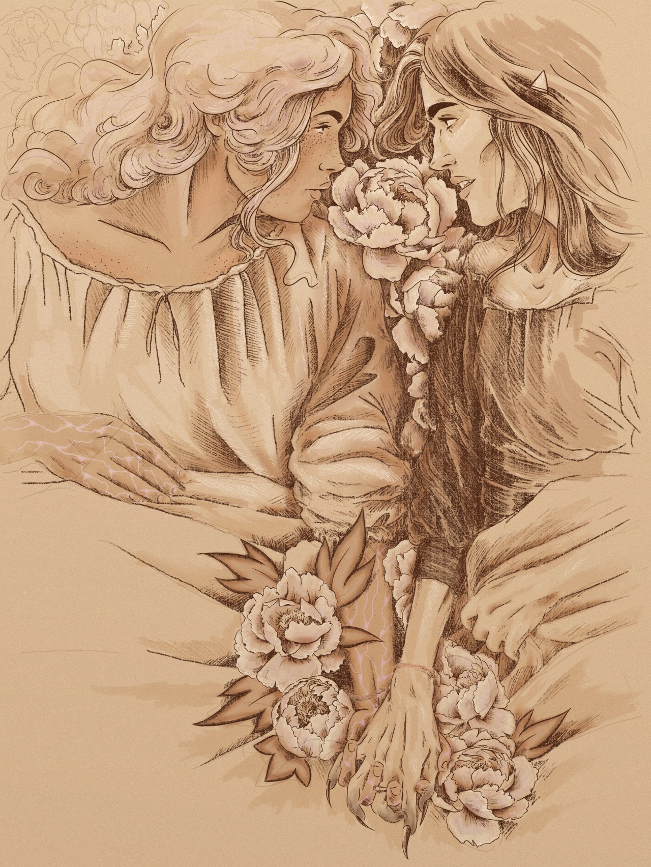 Fanart done an old-illustration style (cream and tan tones) depicting Imogen and Laudna holding hands surrounded by flowers. 