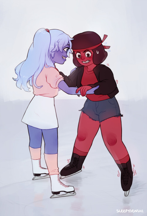 sleepysenshi:  figure skater sapphy teaches rubes how to iceskate!! ruby almost melted the entire ice rink out of frustration haha 